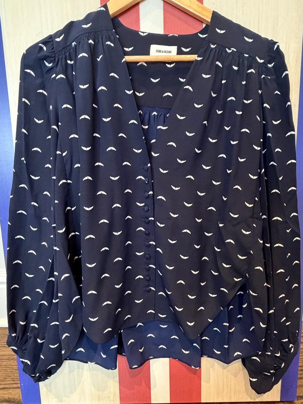 Zadig & Voltaire Navy Silk V-Neck Blouse Size S